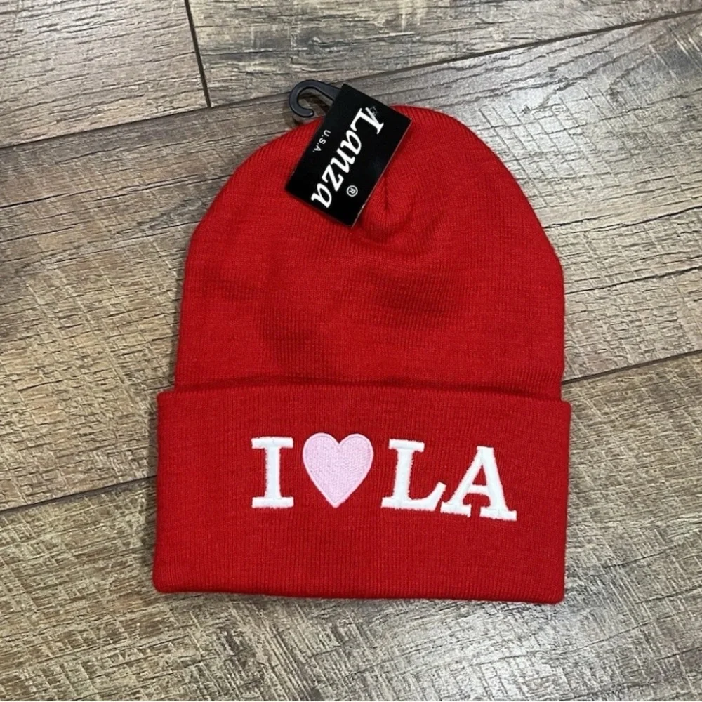 NWT Vintage Y2k I‎ ❤️ LA Embroidered Beanie Hat Red One Size - Los Angeles, 90s